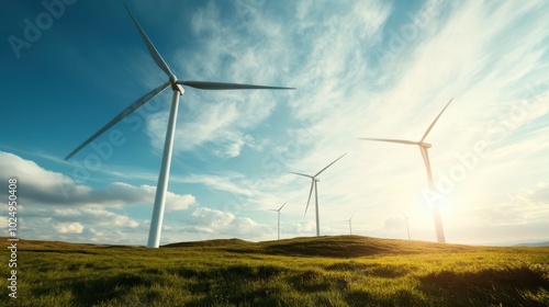 A picturesque view of modern wind turbines on a grassy landscape under a bright blue sky, symbolizing renewable energy and environmental sustainability.