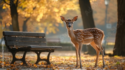 Deer by the Park Bench, serene urban park setting, gentle wildlife presence, inviting green surroundings, tranquil moment in nature photo