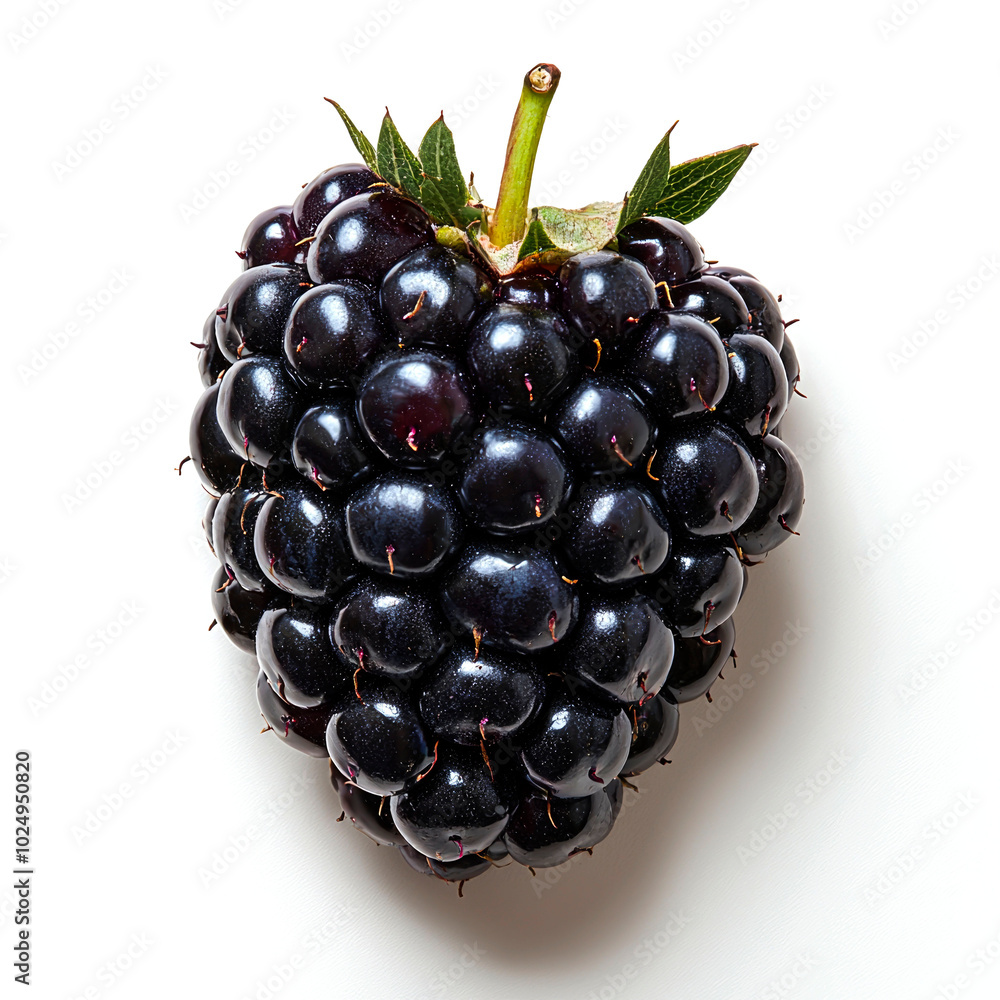 A single ripe blackberry with green stem and leaves, isolated on white background. A single ripe blackberry with green stem and leaves, isolated on white background.