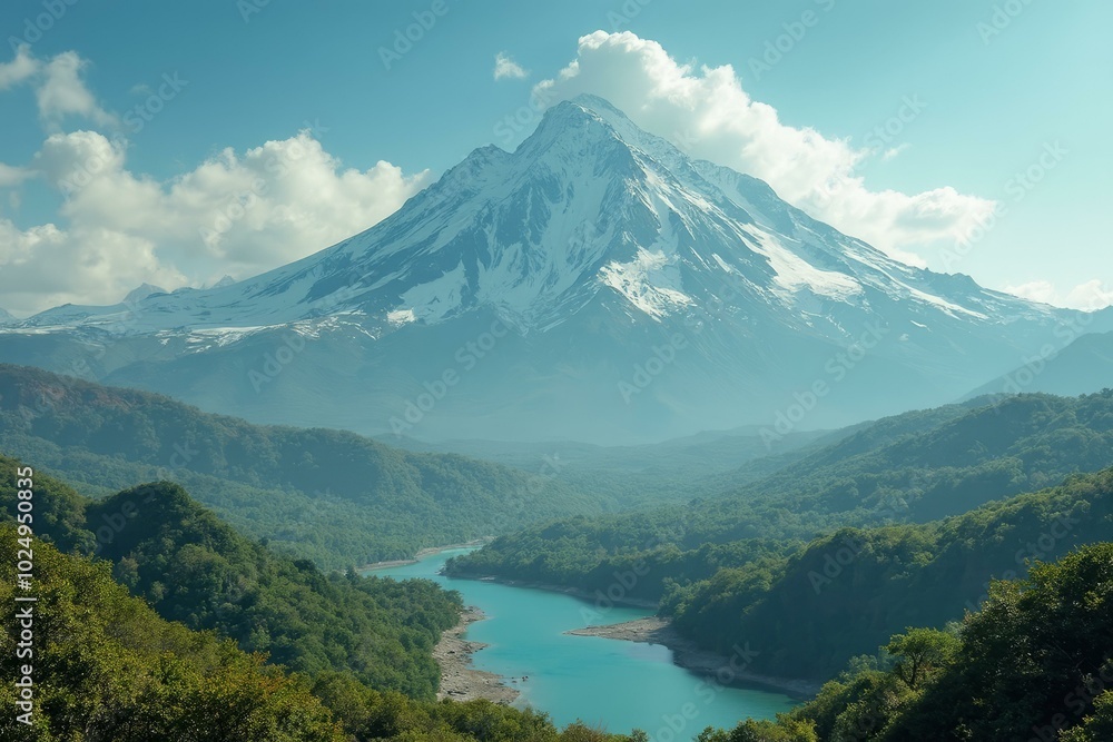 Mount Logan Midday With Snow-Capped Mountain And Turquoise River In Valley Mount Logan Midday With Snow-Capped Mountain And Turquoise River In Valley