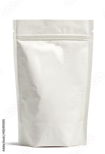 A blank white stand-up pouch with a zipper seal, isolated on a white background. Ideal for showcasing product packaging designs for food, coffee, cosmetics, or other consumer goods.