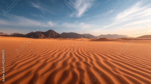 Vast desert sands form endless dunes under a bright blue sky, with distant rocky mountains as a backdrop, creating a sense of isolation and serenity. photo