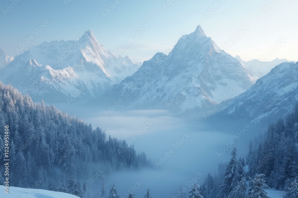 Mount Olympus In The Early Morning With Snow-Laden Pines And Misty Valley Mount Olympus In The Early Morning With Snow-Laden Pines And Misty Valley