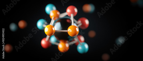 Atomic structure model, intricate design showcasing protons, neutrons, electrons, vibrant colors against a solid black backdrop