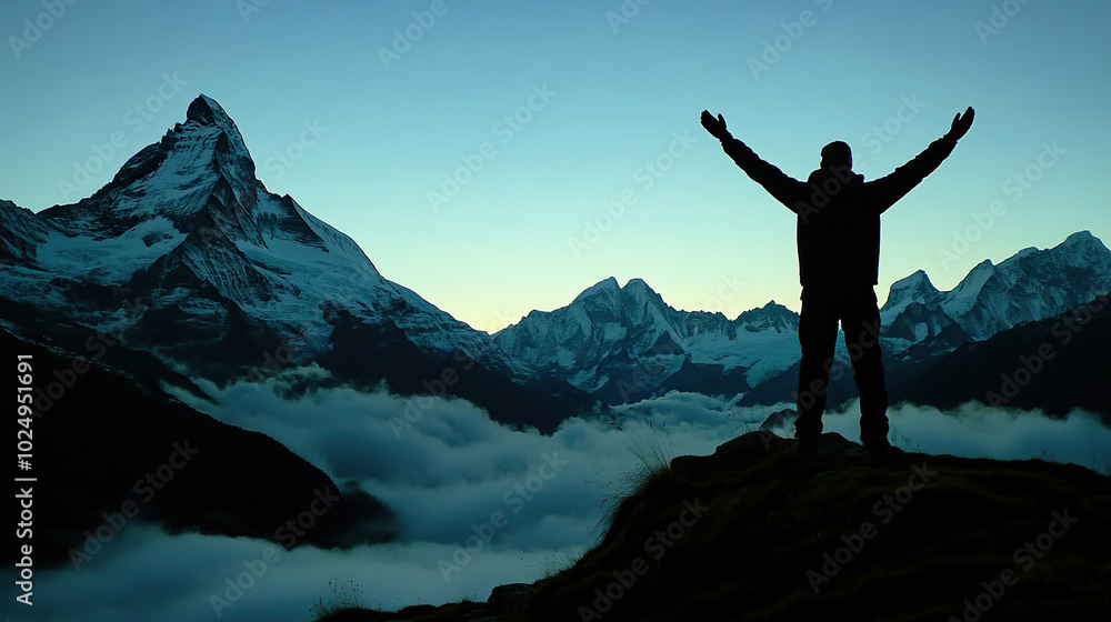 person standing on top of mountain with arms raised in victory with achievement and success person standing on top of mountain with arms raised in victory with achievement and success