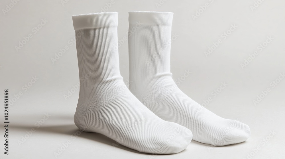 Pair of White Socks Positioned Upright Side by Side Against Light Gray Background with Ribbed Cuffs and Smooth Seamless Appearance Pair of White Socks Positioned Upright Side by Side Against Light Gray Background with Ribbed Cuffs and Smooth Seamless Appearance