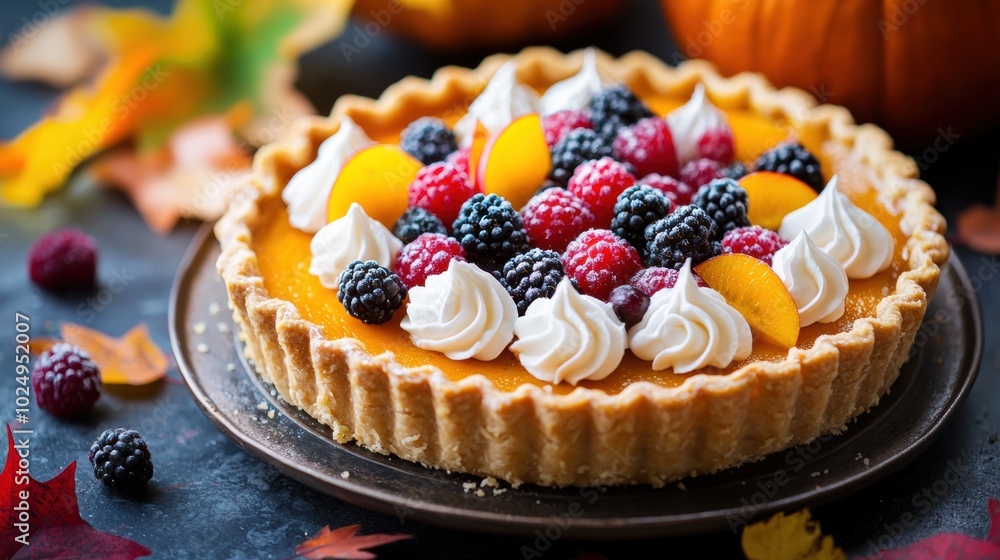 Autumnal Fruit Tart with Whipped Cream on Rustic Wooden Table Autumnal Fruit Tart with Whipped Cream on Rustic Wooden Table