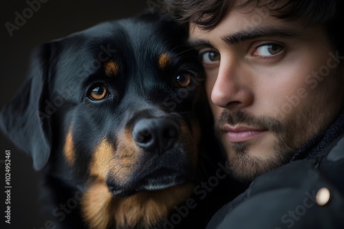 Man and Black Dog Close Up Portrait Trust and Love