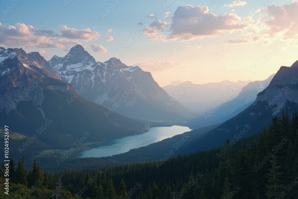 Fototapeta premium North Cascades In Late Morning With Snow-Capped Peaks And Tranquil Lake