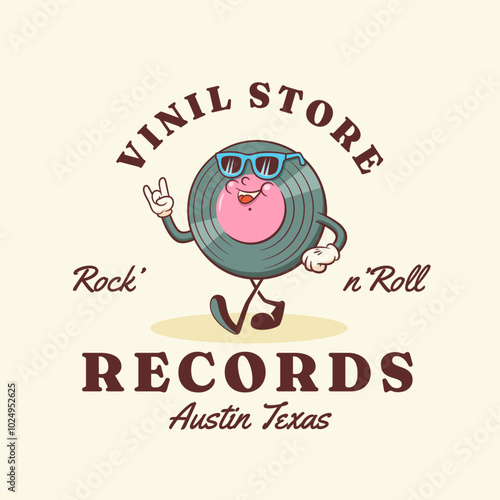 Groovy Vinil Retro Character Label. Cartoon Music Disk Record Personage Walking and Smiling. Vector Funny Disco Mascot Logo Template. Happy Vintage Cool Illustration Isolated