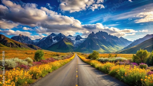 Scenic road winding towards mountains with colorful flowers and clear blue sky