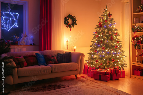 Interior of cozy living room with sofa and Christmas tree decorated for holiday at night