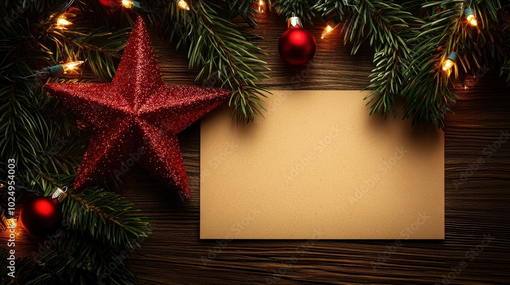 Christmas Background with Star and Blank Card for Text – Festive Holiday Scene Christmas Background with Star and Blank Card for Text – Festive Holiday Scene