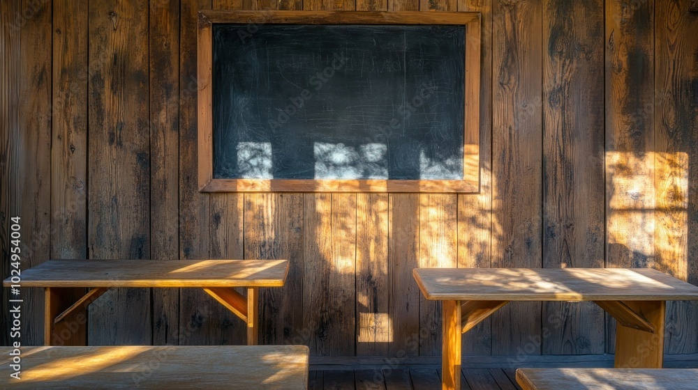 A rustic classroom with wooden tables and a chalkboard, illuminated by soft sunlight. A rustic classroom with wooden tables and a chalkboard, illuminated by soft sunlight.
