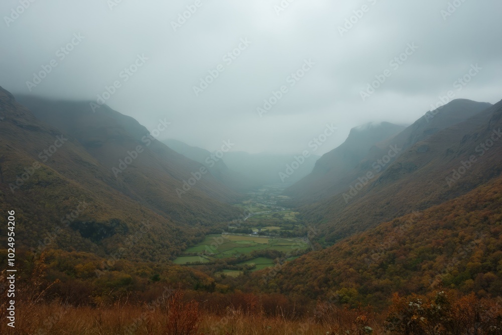 Snowdonia Valley With Autumn Foliage And Overcast Sky Snowdonia Valley With Autumn Foliage And Overcast Sky