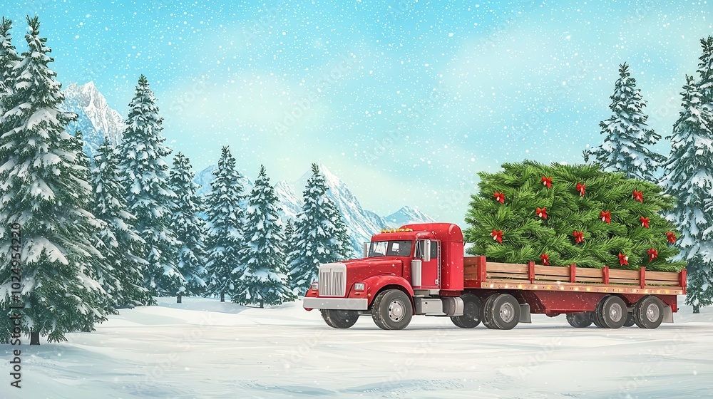 Trucks hauling Christmas trees in winter, Trucks hauling Christmas trees in winter,