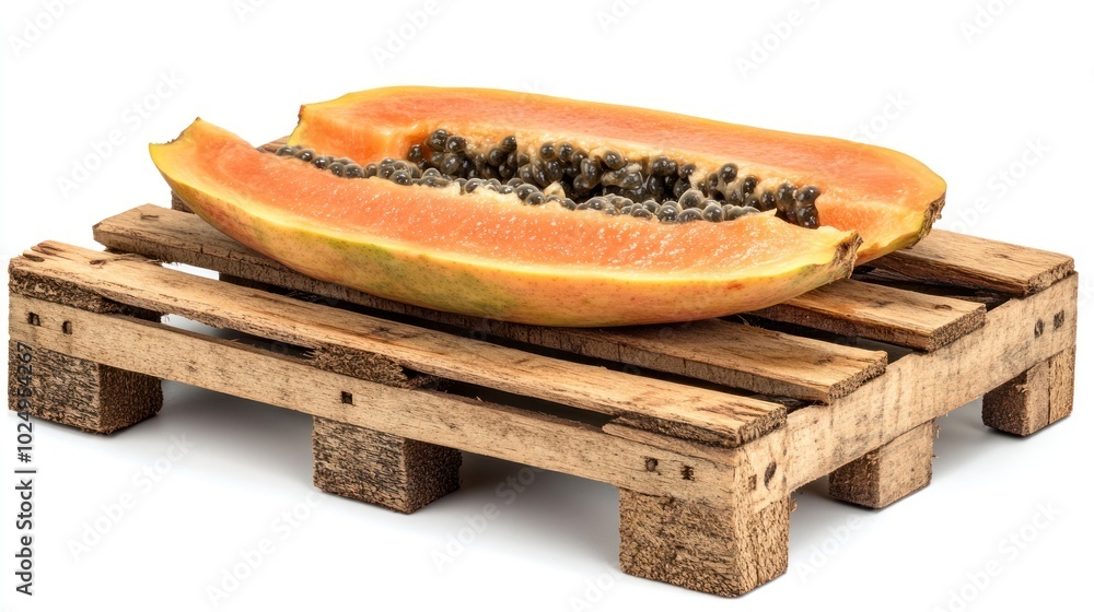A halved papaya on a wooden pallet, showcasing its vibrant orange flesh and black seeds. A halved papaya on a wooden pallet, showcasing its vibrant orange flesh and black seeds.
