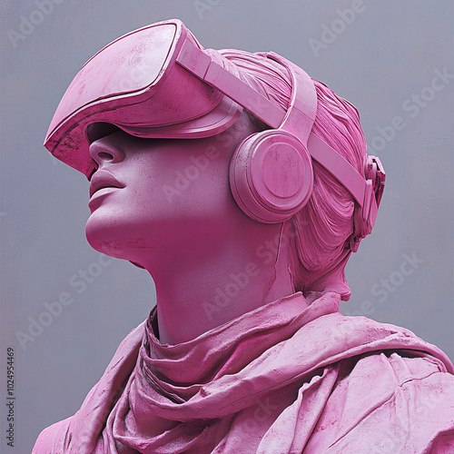 copy of the sculpture, statue in a virtual reality helmet on a pink background
 photo