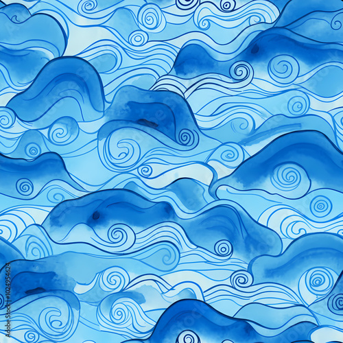 Wavy line art seamless pattern repeatable texture blue waves ocean inspired background line