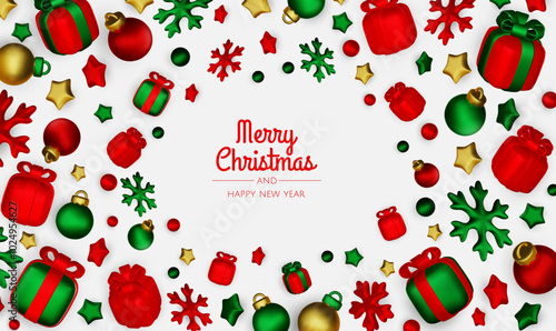 Happy New Year and Merry Christmas. Christmas holiday background with realistic 3d objects,gold and red bauble balls, conical metal stars. Levitation falling design composition.