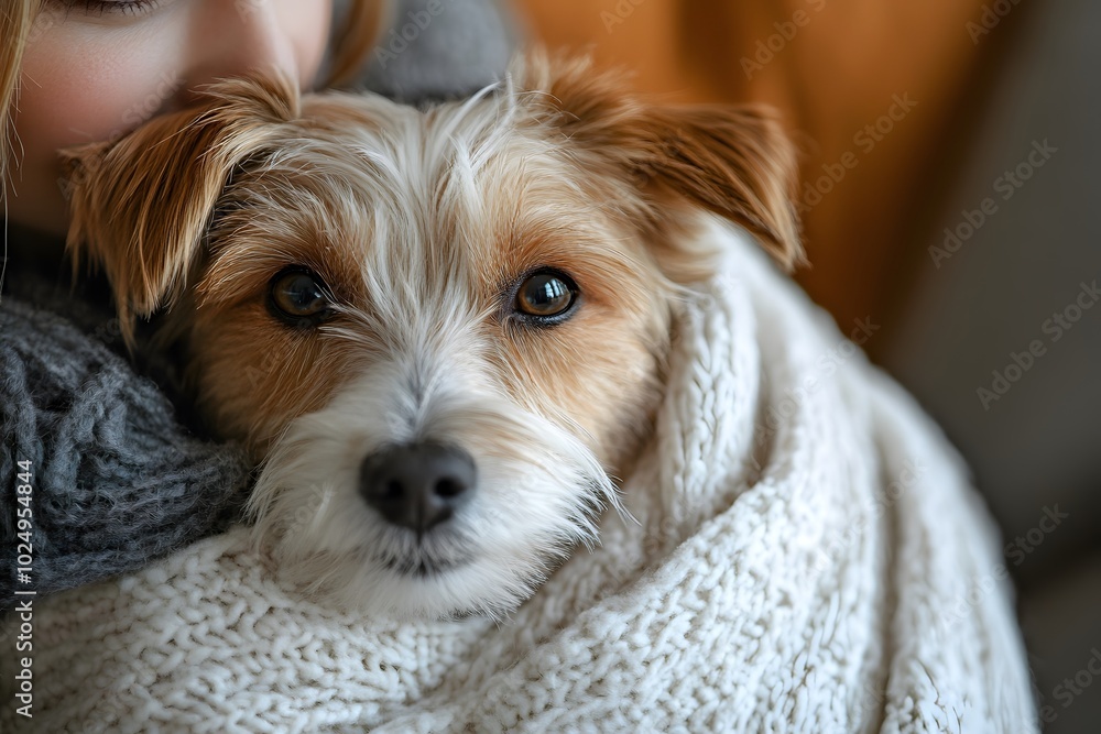 Brown and White Dog Snuggling in a Blanket with Owner Brown and White Dog Snuggling in a Blanket with Owner