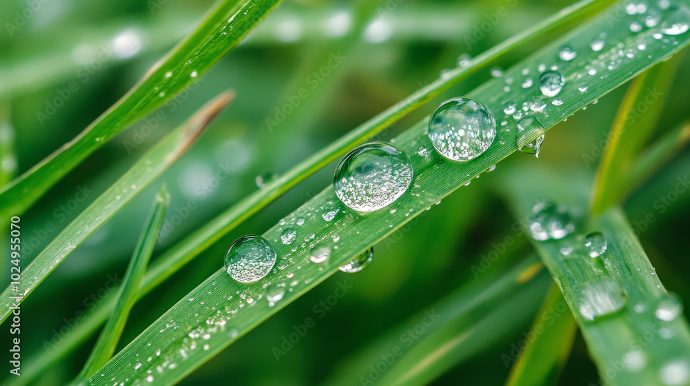 A macro image of dew droplets resting on a blade of grass, showcasing the delicate reflections and clarity of each droplet in a serene morning setting A macro image of dew droplets resting on a blade of grass, showcasing the delicate reflections and clarity of each droplet in a serene morning setting