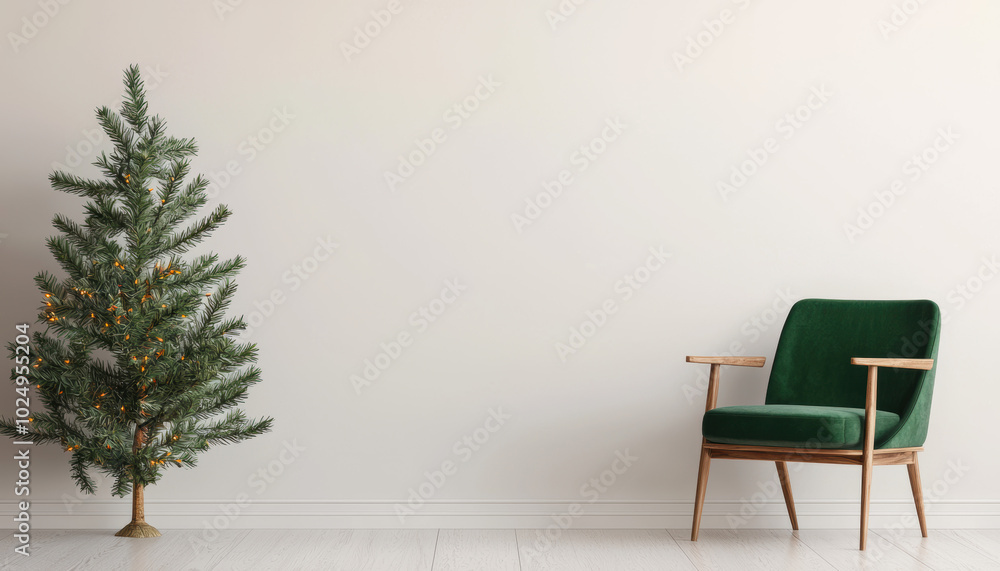 Minimalist living room with a Christmas tree and a green armchair on a white backdrop. Minimalist living room with a Christmas tree and a green armchair on a white backdrop.