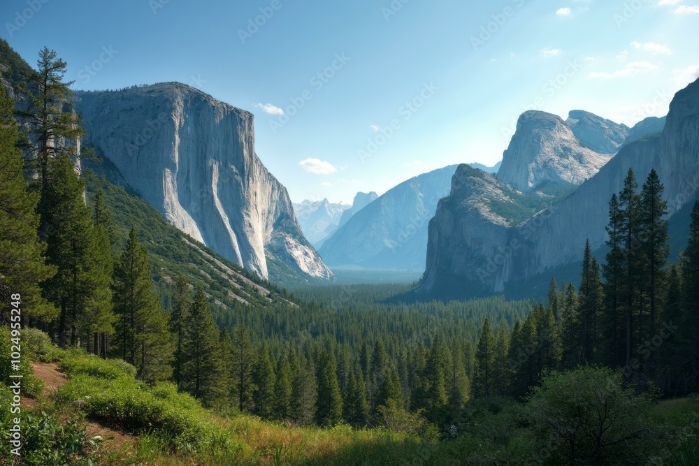 Fototapeta premium Yosemite Valley With El Capitan And Half Dome Under Bright Midday Sun