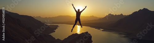Silhouette man jumping over cliffs for I can do it, good mindset, freedom, good mindset, photo, poster, conceptual art, success, goals 