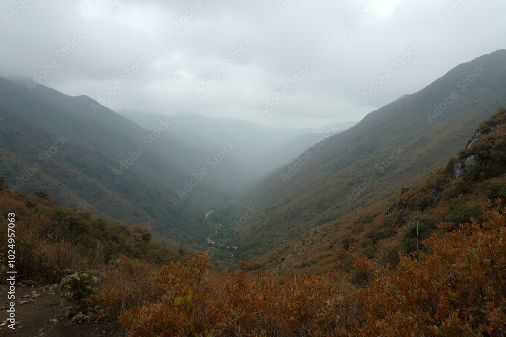 Cordillera Cantbrica On An Overcast Day With Misty Valleys And River Cordillera Cantbrica On An Overcast Day With Misty Valleys And River