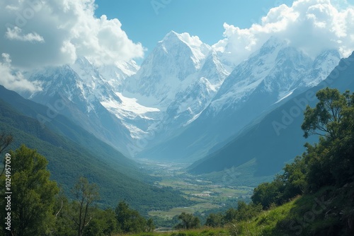 Cordillera Blanca At Midday With Snow-Capped Peaks And Lush Valley