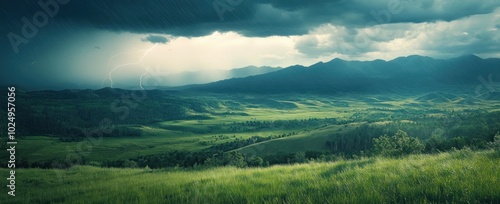 A dramatic landscape featuring a stormy sky with lightning over green hills and mountains.