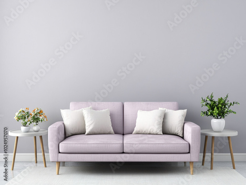 Modern living room with a lilac sofa, decorative pillows, and potted plants.