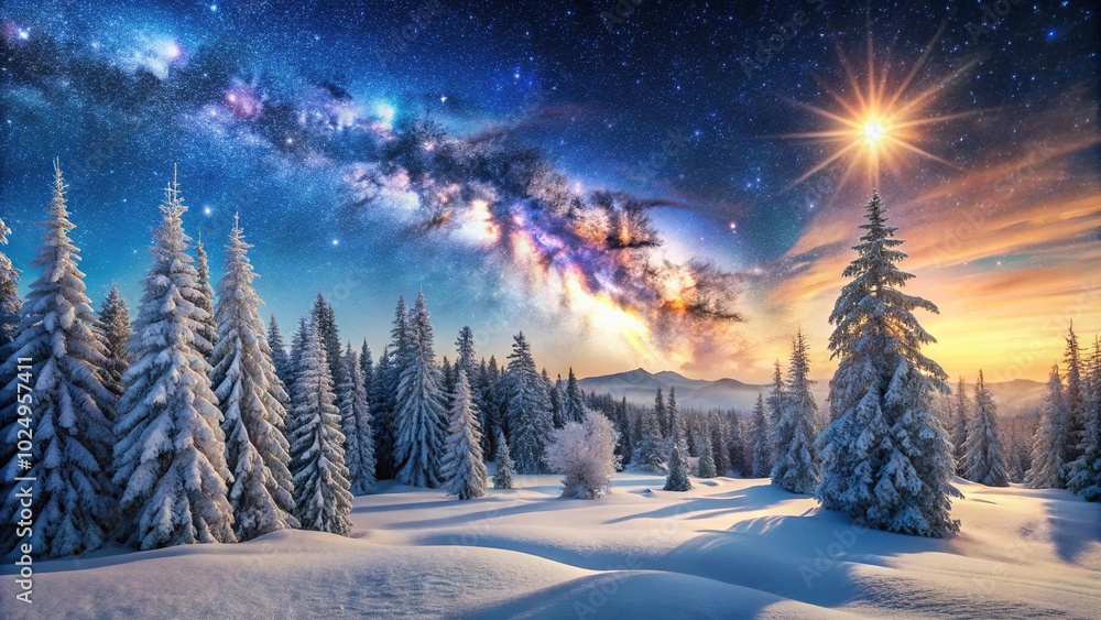 Snowy landscape in a winter forest under a starry sky at sunrise Snowy landscape in a winter forest under a starry sky at sunrise