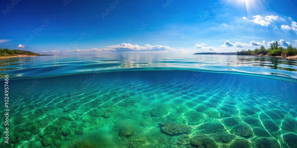 Fototapeta premium Sea water surface cut out a split level of above and below the lake surface in deep blue water off the lakeshore with a land Panoramic