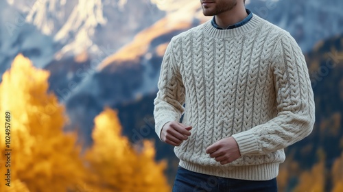 A man wearing cozy sweater against a beautiful autumn mountain  photo