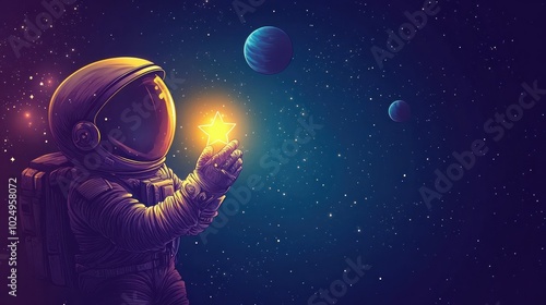 An astronaut holding a glowing star in a colorful cosmic scene with distant planets.