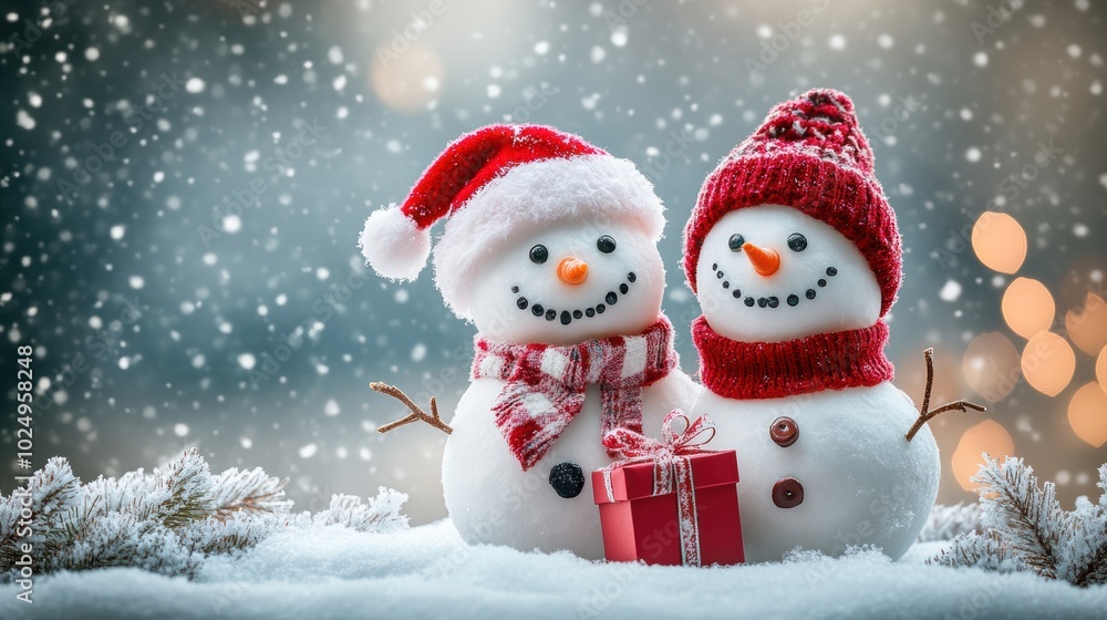 Jolly Snowmen in Winter Landscape – Happy New Year and Merry Christmas Card Jolly Snowmen in Winter Landscape – Happy New Year and Merry Christmas Card