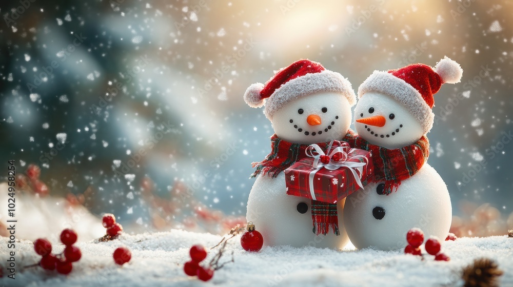 Fototapeta premium Jolly Snowmen in Winter Landscape – Happy New Year and Merry Christmas Card