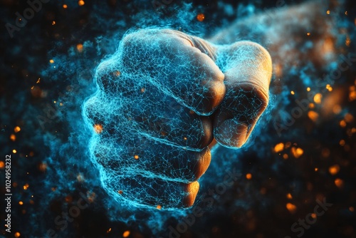 Hand with a fist is shown in a blue and orange color. The hand is surrounded by a blue and orange cloud, Close-up of clenched fist with blue energy lines, fight and aggression concept photo