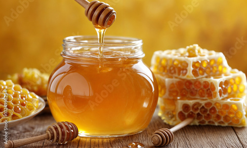 Natural organic honey in glass jar, honey dipper and honeycombs are near. Natural food background.