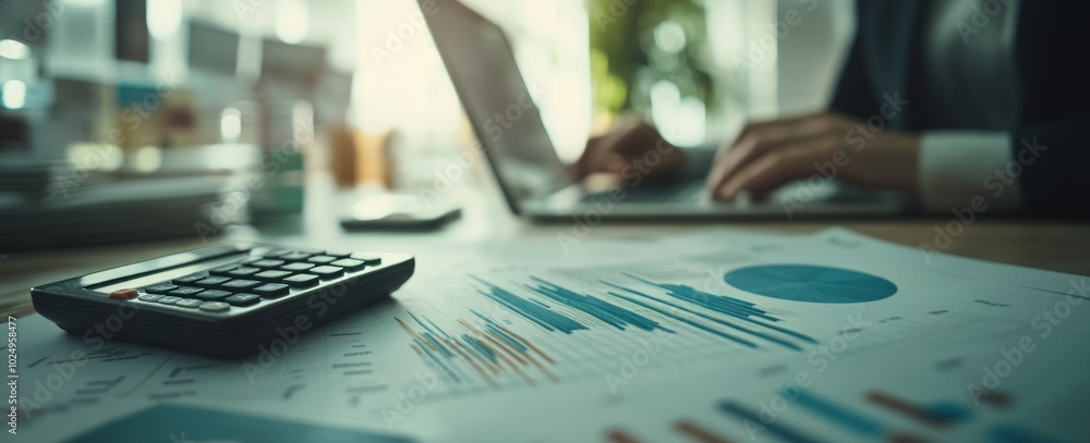 A workspace scene featuring a calculator, charts, and a laptop, emphasizing data analysis. A workspace scene featuring a calculator, charts, and a laptop, emphasizing data analysis.