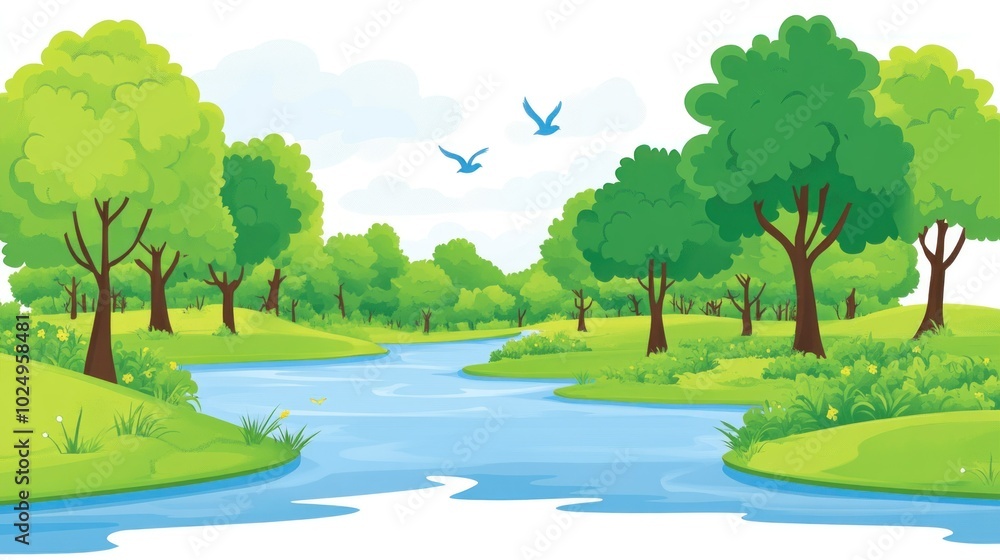 A serene landscape featuring a river, lush trees, and birds in a tranquil natural setting. A serene landscape featuring a river, lush trees, and birds in a tranquil natural setting.