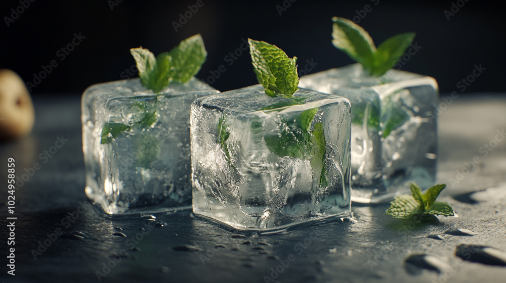 Chilled ice cubes with fresh mint leaves on dark stone surface in a cozy bar setting Chilled ice cubes with fresh mint leaves on dark stone surface in a cozy bar setting