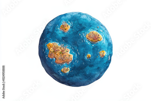 A stylized, artistic depiction of a blue planet featuring golden landmasses, representing an imaginative world or island theme.