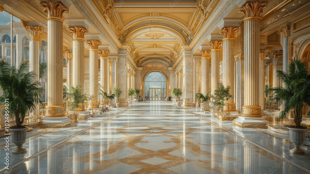Fototapeta premium Elegant hall with grand columns and marble flooring.