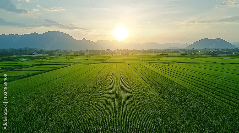 Obraz premium Aerial View of Lush Green Rice Paddy Fields with Mountain Range and Sunset