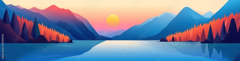 Serene landscape featuring mountains, a lake, and a colorful sunset.