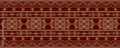 Vector gold and red seamless Yakut ornament. Endless border, frame of the northern peoples of the Far East.