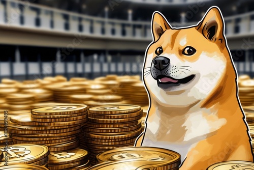 Doge cryptocurrency meme, dog sitting on pile of coins humorous financial concept illustration